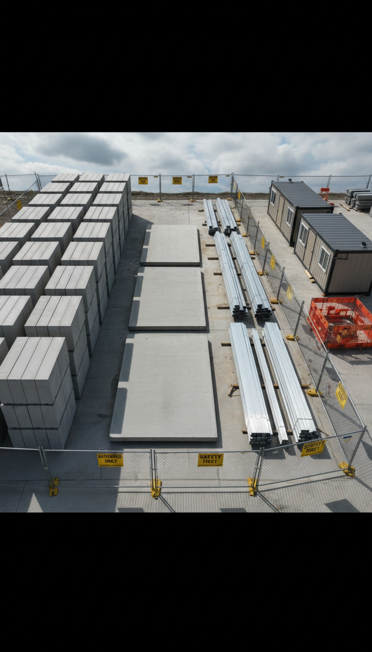 A modern, meticulously organized construction site featuring stacks of neatly arranged concrete blocks, high-grade steel beams with pristine metallic finishes, and freshly poured concrete slabs with a smooth matte surface. The site is surrounded by temporary fencing and construction signage set against a backdrop of a partly cloudy sky. Neutral-toned portable site offices and neatly coiled safety barriers provide structured balance. The scene is illuminated by diffused natural daylight, casting soft highlights and defined but gentle shadows to emphasize clean lines. Captured from an elevated perspective with sharp focus across the entire image, the composition is balanced and uncluttered, embodying a professional, photographic realism that aligns seamlessly with a corporate aesthetic.