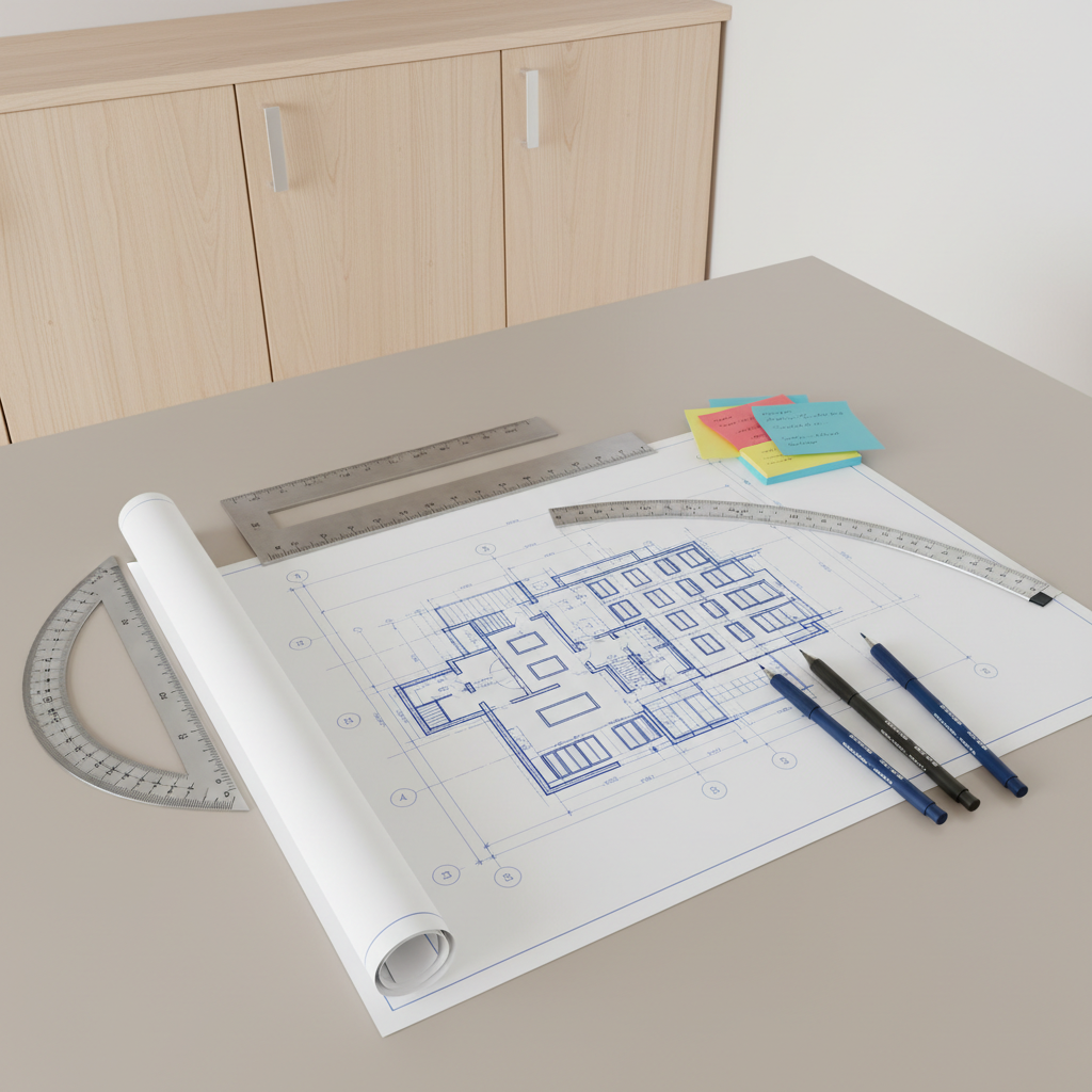 A sleek architectural blueprint unfurled across a polished, neutral-toned drafting table, surrounded by stainless steel rulers, precision mechanical pencils, and a set of color-coded sticky notes. The background features built-in cabinetry of light wood and a blank white wall, delivering a sense of order and structure. The setting is illuminated by evenly distributed, soft overhead LED lighting, highlighting the crisp blue-on-white lines of the blueprint and faintly shadowing drafting tools. The scene is composed with a top-down, flat-lay angle for maximum clarity, evoking a mood that is attentive, detail-oriented, and highly professional with a photographic, clean, and minimalist visual style.